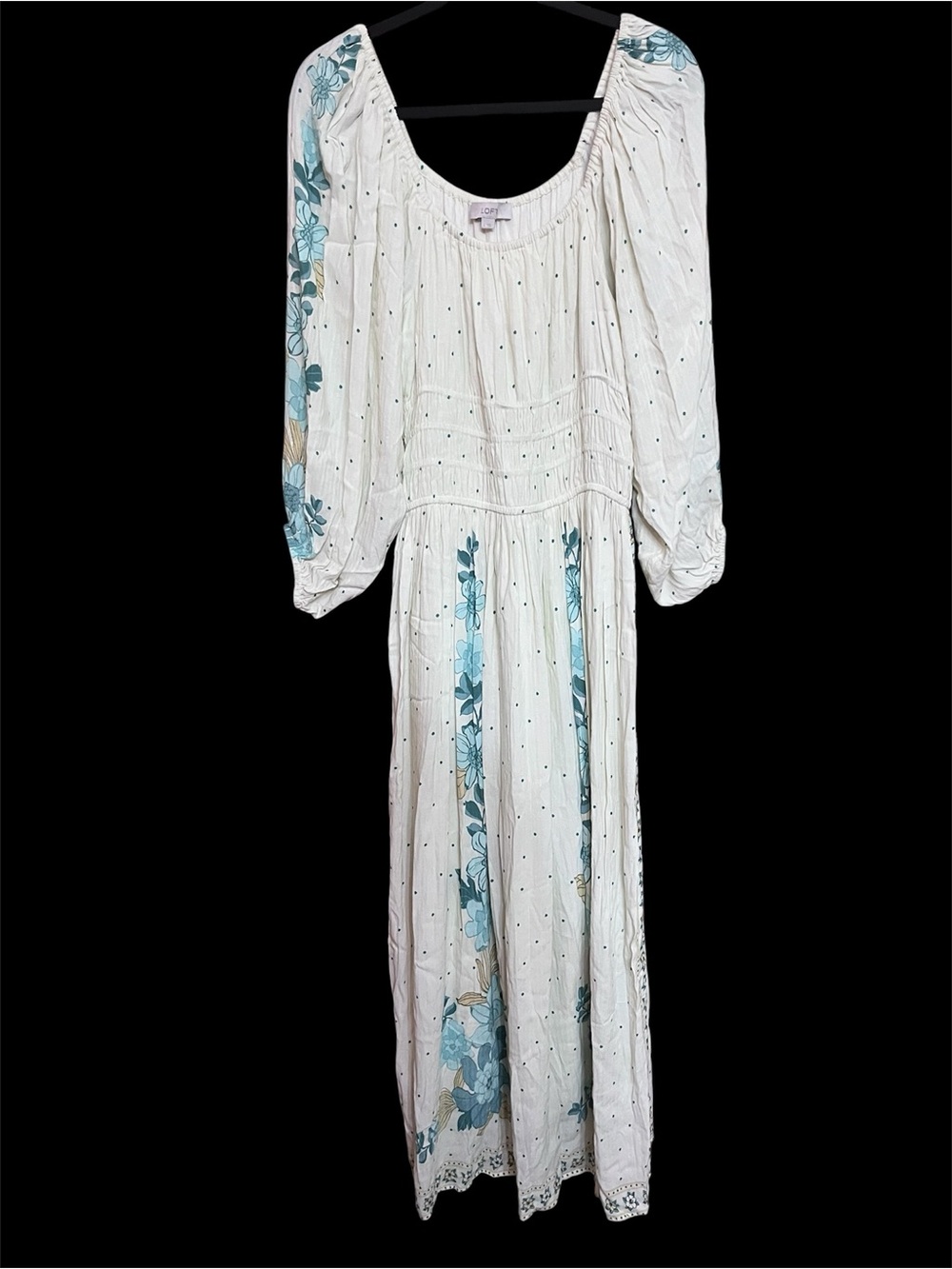 LOFT Ivory Maxi Dress with Teal Floral Trim